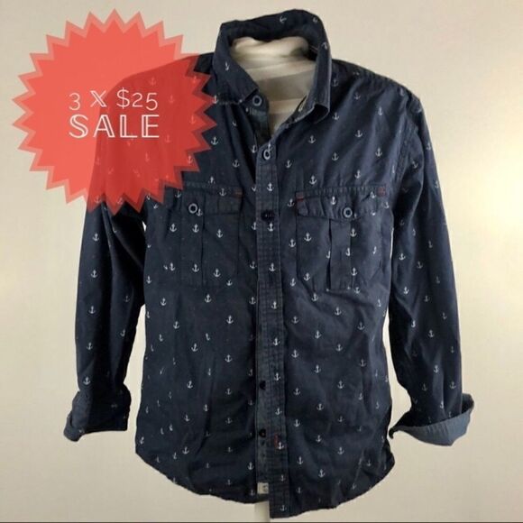 3/$25 PAPER DENIM & CLOTH BLUE NAUTICAL ANCHOR BUTTON DOWN SHIRT 8 - Picture 1 of 10